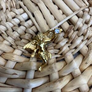 Gold Cherub Holding Rhinestone Brooch Pin 1.25" x .75"